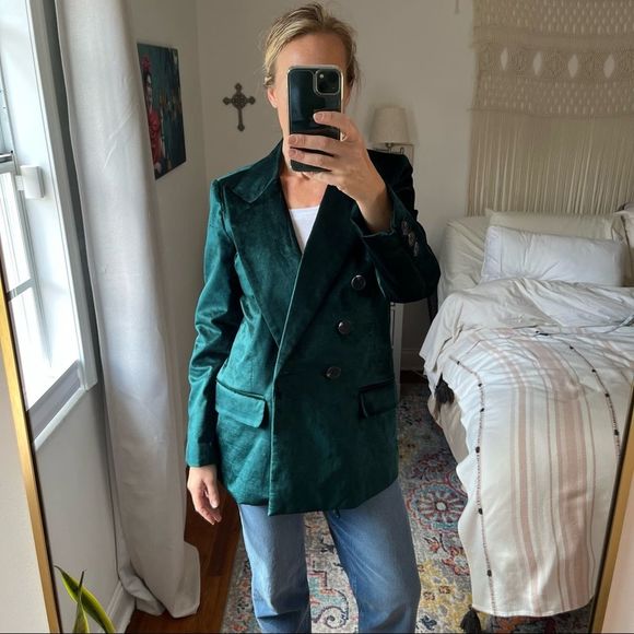 Free People Jackets & Blazers - Free People Ashby Double Breasted Velvet Blazer Green Size Medium